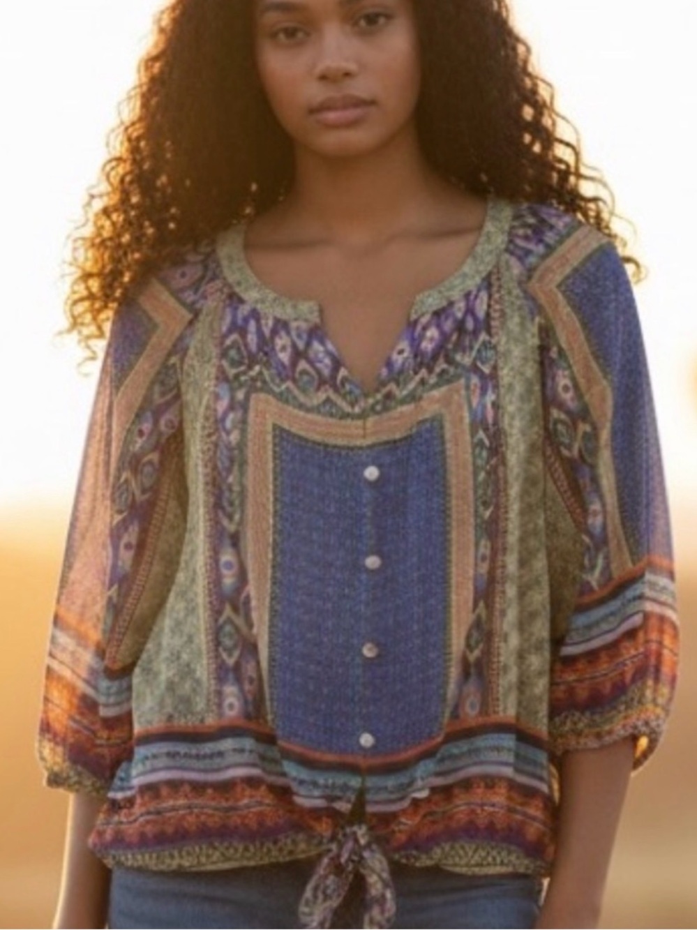 Figueroa +Flowers boho top , multicolored geometrics, full sleeves, buttons